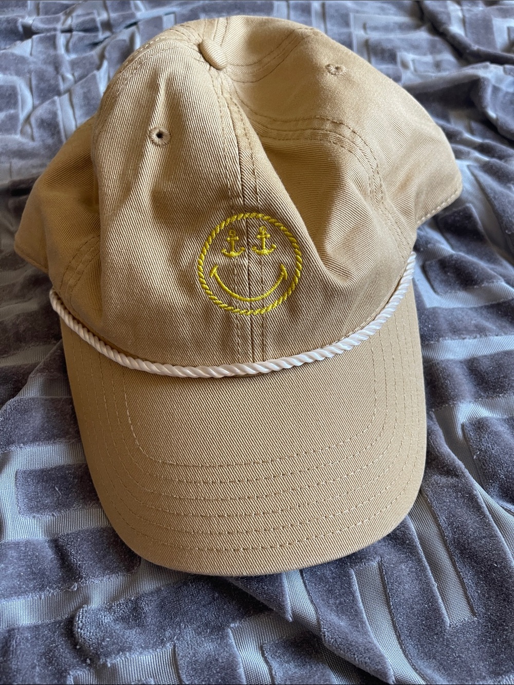 Aerie Tan Rope-Trim Cap with Yellow Smiley Embroidery